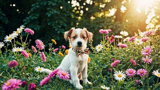 Adorable puppy playing among colorful daisies and asters in a lush garden, bathed in warm golden sunlight during sunset