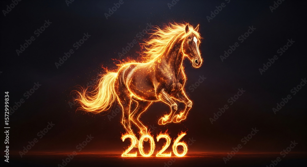 Poster running horse made of fire with the glowing numbers 2026 below it. dynamic new year concept. illustr