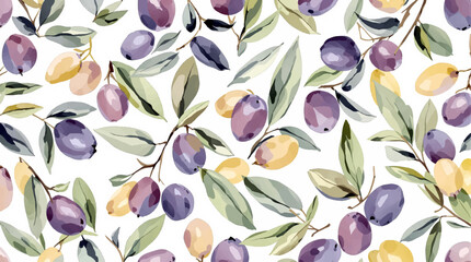 Watercolor olives seamless pattern, Watercolor seamless pattern with olive and green leaves tilted angle