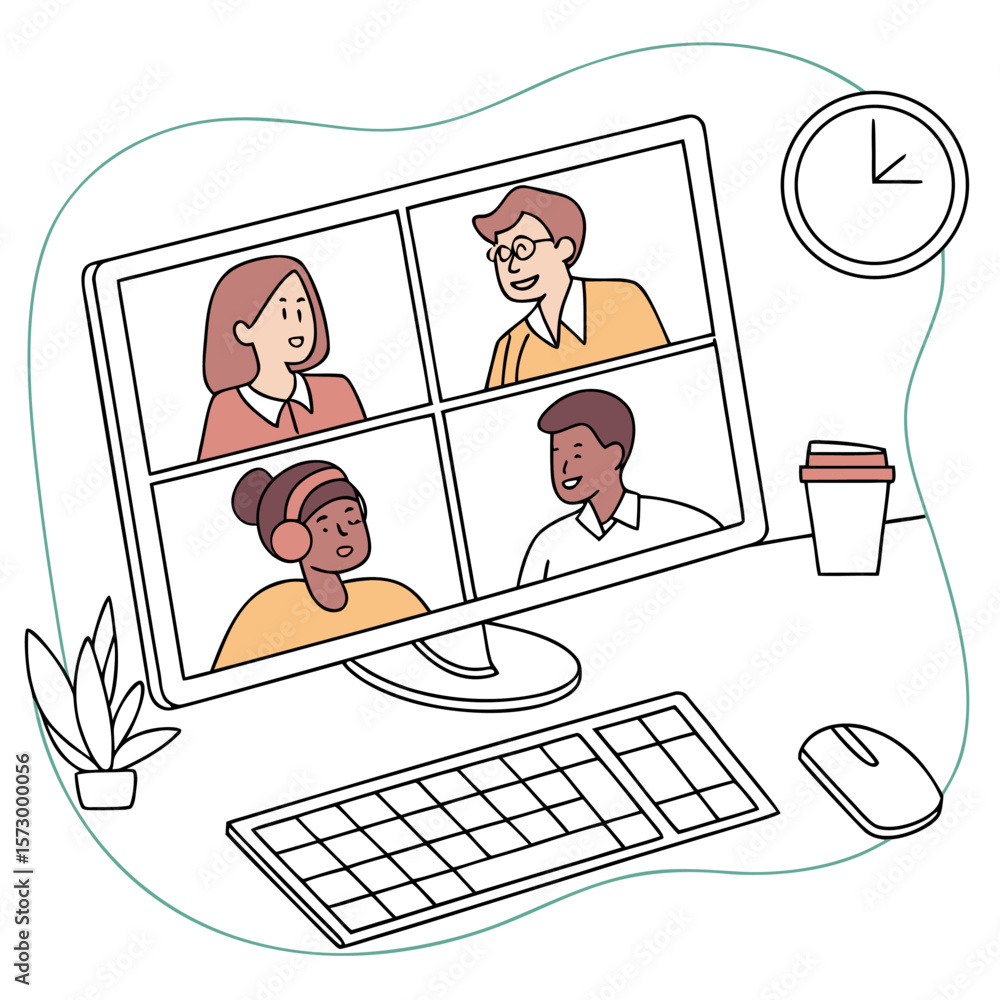 Poster diverse team members connect and collaborate remotely through a video conference call on a computer 