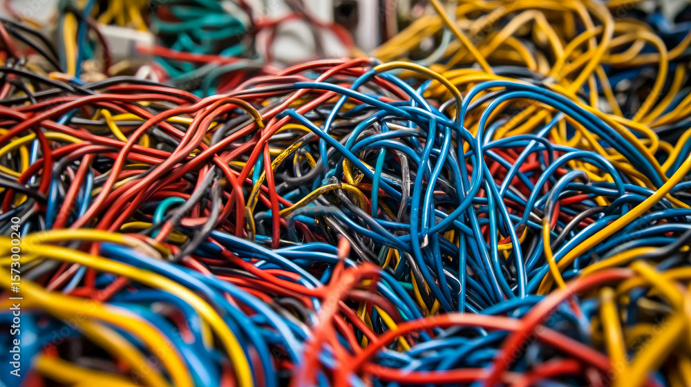 Poster tangled colorful wires create an intricate mess for an abstract background. complexity and connectiv