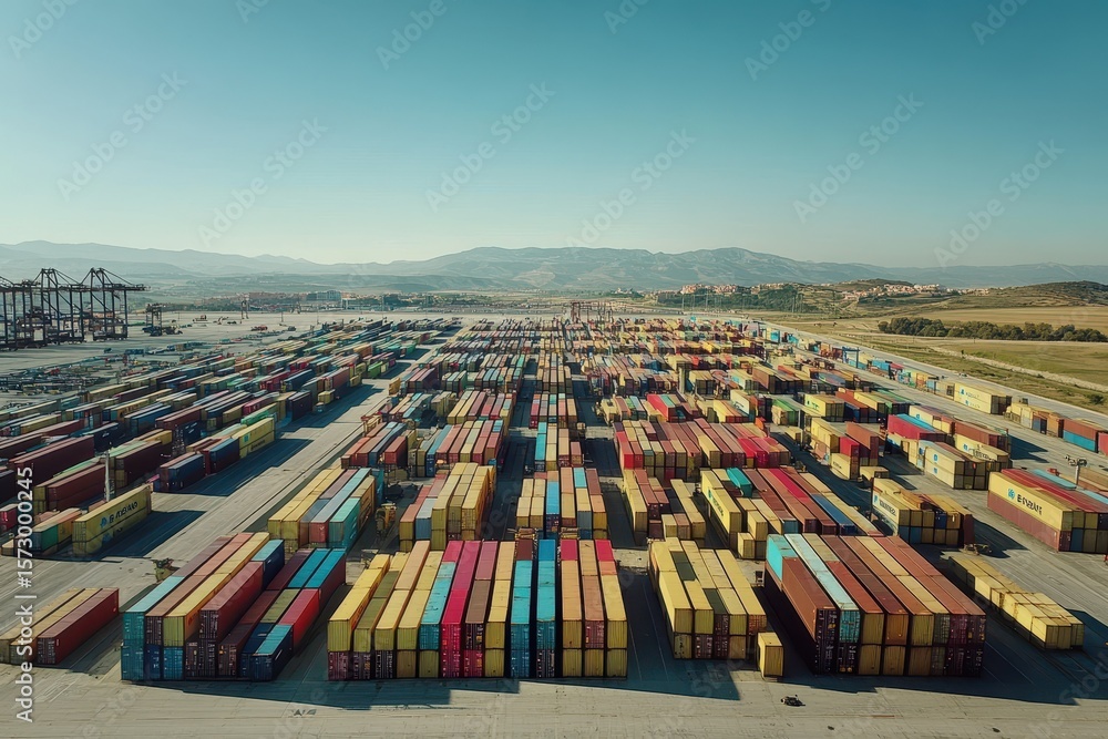 Poster aerial view of a bustling container terminal in spain with colorful shipping containers, aerial view