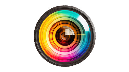 A camera lens artwork features vibrant colors and captivating concentric circles isolated on transparent background