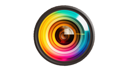A camera lens artwork features vibrant colors and captivating concentric circles isolated on transparent background