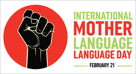 Black raised fist on red circle with international mother language day text vector