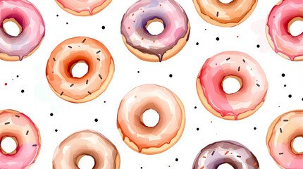 Watercolor pattern of colored donuts with sprinkles on a white background