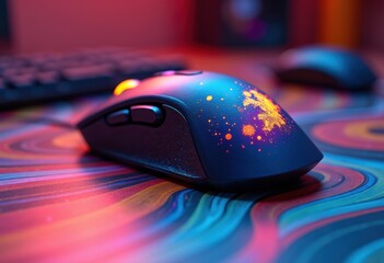 close colorful computer mouse eye catching desk surface dynamic design elements texture, vibrant, tech, digital, device, workspace, office, mousepad