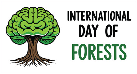 Green brain tree with international day of forests text brown roots
