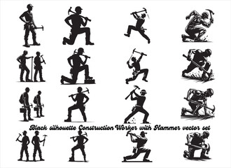 Construction Worker Silhouette Swinging Hammer in Action – Black Vector on White Background