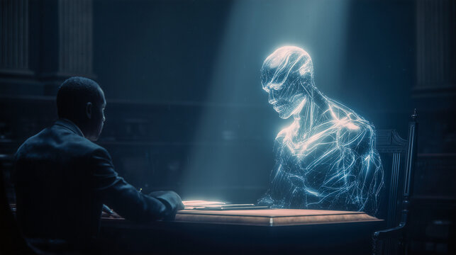 A man sitting across from a glowing, translucent holographic figure representing artificial intelligence, symbolizing virtual communication, advanced technology, and human-AI interaction in a futurist