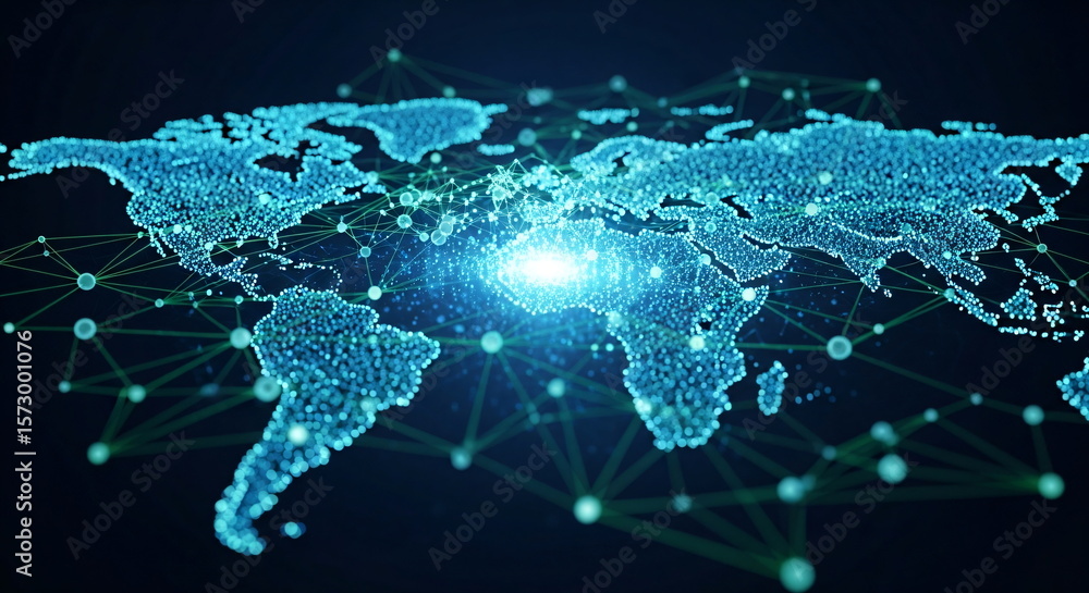 Poster world map made of connected glowing dots on dark background. global network and data connection conc