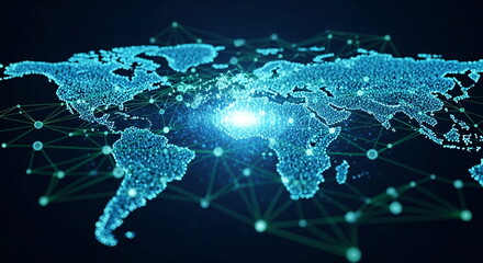 World map made of connected glowing dots on dark background. Global network and data connection concept for digital communication.
