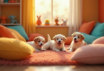 colorful dog shelter vibrant toys cozy bedding happy puppies playing safe space, puppy, pets, canine, accessory, animal, friend, companion, foster, playful, home
