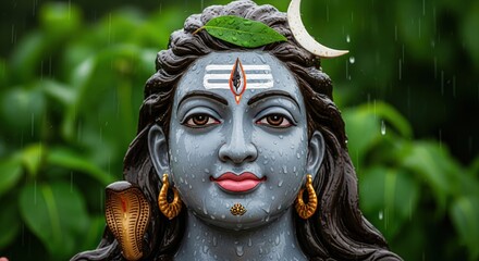 Close‑Up Mahadev Murti Wet in Rain &ndash; High‑Res 4K Shiva Wallpaper