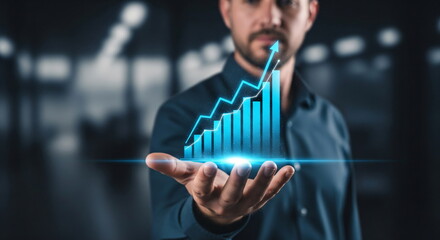 Man business investment growth concept. Businessman holding glowing bar graph and ascending arrow in hand. Financial data visualization for profit.