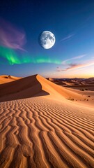 Naklejka premium Desert Dunes Under Aurora Borealis and Full Moon at Night