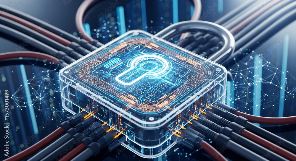 Poster transparent microchip with glowing circuitry and connected cables. digital data protection and cyber