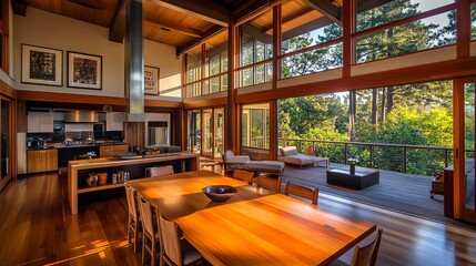 Fototapeta premium Sunlit, open-plan home with expansive windows showcasing a verdant outdoor deck and forest views. A large dining table dominates the hardwood floor, adjacent to a modern kitchen