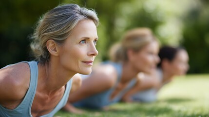 Group of senior or middle-aged women on grass in park exercising Pilates