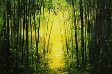 Naklejka premium Lush bamboo forest pathway illuminated by golden sunlight and green foliage, Tropical bamboo forest, Bamboo forest landscape
