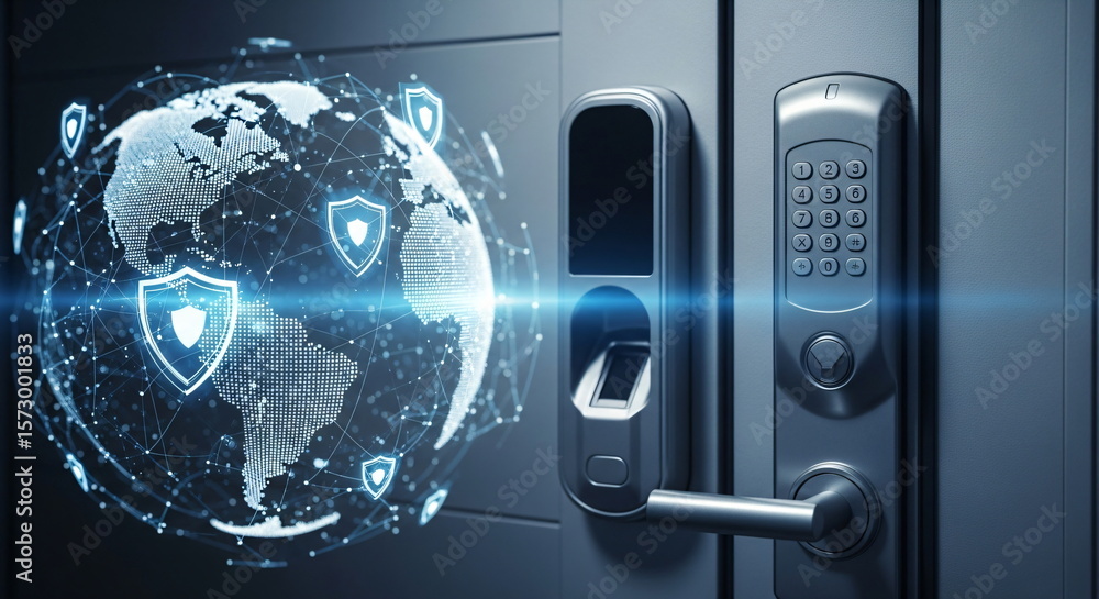 Poster digital earth with security shields and a smart door lock system. global data protection and network