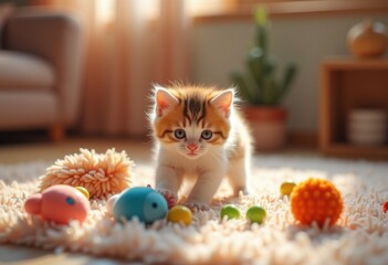 colorful kitten playtime toy adventure carpet fun whiskers pounce paws satin fur cuddly moments, cuddle, soft, feline, playful, cheerful, interactive, adorable