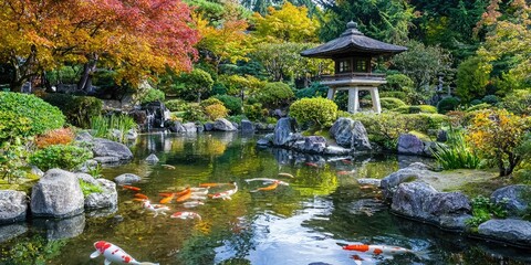 A peaceful temple garden with koi ponds
