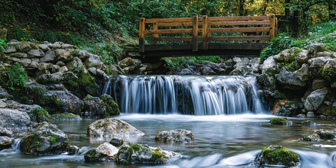 Fototapeta premium A peaceful waterfall with a wooden footbridge nearby