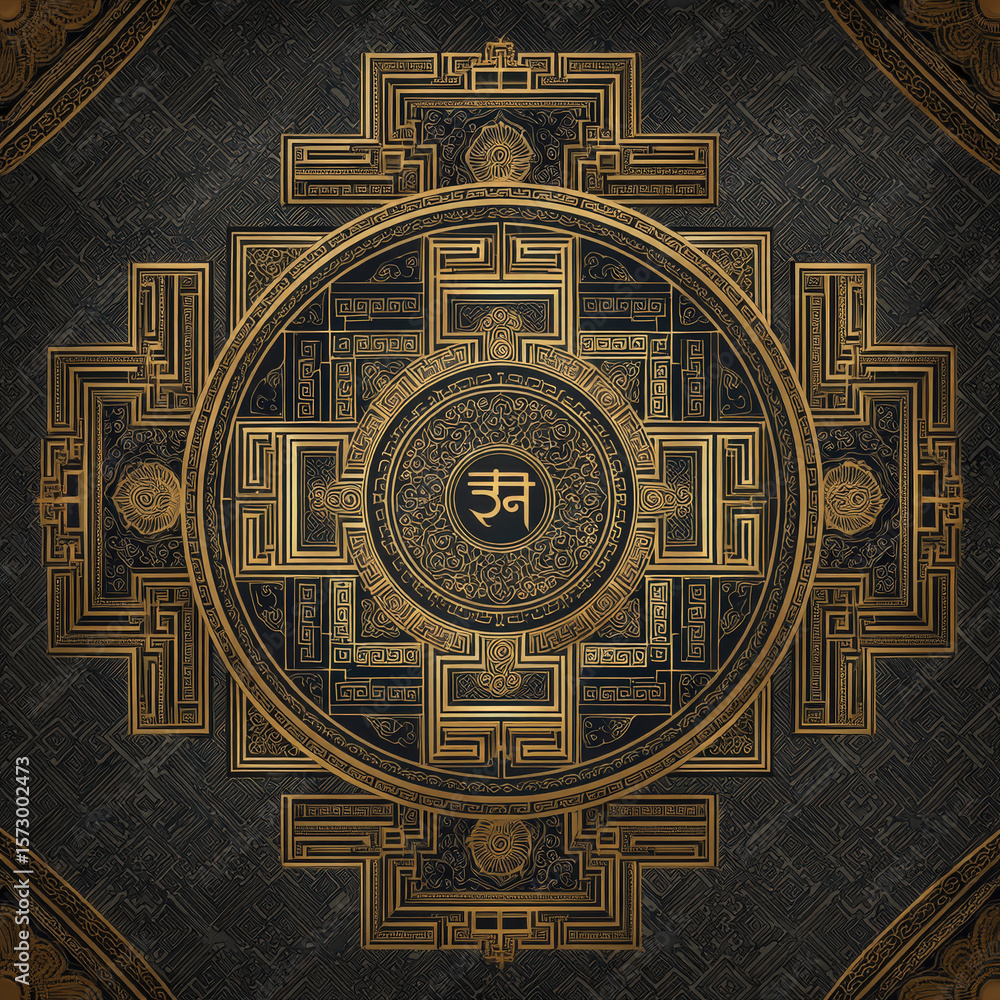 Poster intricate seamless pattern of simplified thai yantra lines on a dark background for artistic and spi
