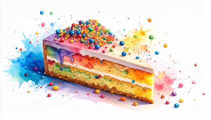 Chaos Cake Watercolor Style concept. Colorful cake slice with sprinkles and watercolor effects.