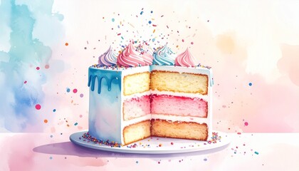 Chaos Cake Watercolor Style concept. Colorful cake illustration with sprinkles and frosting details.