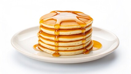 Delicious Buttery Pancakes Stack with Maple Syrup Drizzle on White Plate