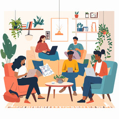 Fototapeta premium Diverse Team Collaborating with Laptops in Cozy Office Space Decorated With Plants Comfortable Furniture and Warm Lighting