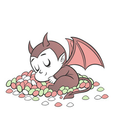 Fototapeta premium Cartoon baby devil sleeping on a pile of colorful candies with wings and horns in a cute illustration