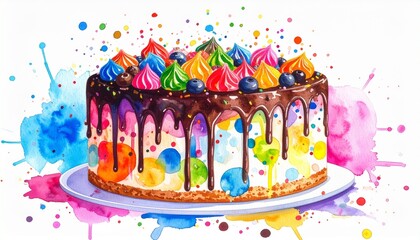 Chaos Cake Watercolor Style concept. Colorful cake with icing and splashes of paint around it.