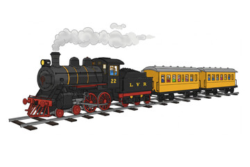 Cartoon train with locomotive and passenger cars riding along the tracks conveys vintage travel and transport.