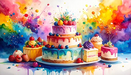 Chaos Cake Watercolor Style concept. Colorful cake display with artistic splashes in the background.