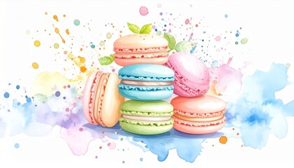 Colorful macarons with artistic splashes in a watercolor style.
