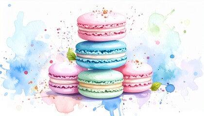 Colorful macarons stacked with a watercolor splash background.