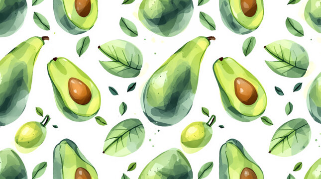 Watercolor background pattern avocado on white background	