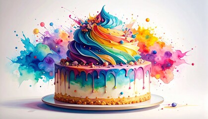 Chaos Cake Watercolor Style concept. Rainbow swirl cake with vibrant splashes of color.