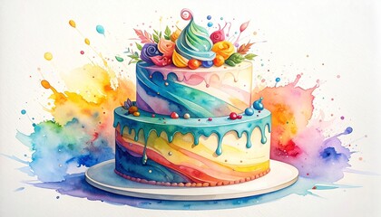 Chaos Cake Watercolor Style concept. Colorful, artistic cake with floral decorations and splashes of paint.
