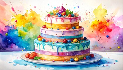 Chaos Cake Watercolor Style concept. Colorful watercolor cake with vibrant splashes in the background.