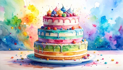 Chaos Cake Watercolor Style concept. Colorful layered cake adorned with sweets and artistic splashes.