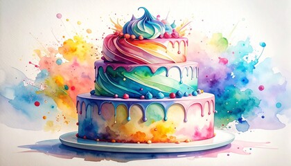 Chaos Cake Watercolor Style concept. Colorful watercolor cake with vibrant splashes in the background.