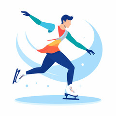 Dynamic Figure Skater Performing on Ice with Colorful Outfit and White Skates Against Crescent Moon Backdrop in Minimalist Vector Style