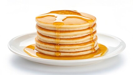 Delicious Buttery Pancakes Stack Drizzled with Golden Syrup on White Plate