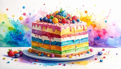 Chaos Cake Watercolor Style concept. Colorful layered cake with vibrant watercolor splashes in the background.