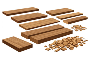 Several wooden planks and wood chips are arranged artistically in this rustic design for various creative and crafting endeavors.