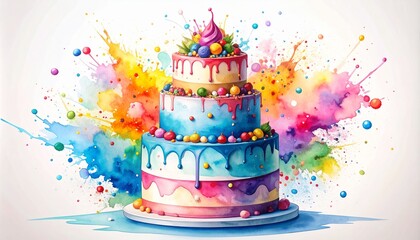 Chaos Cake Watercolor Style concept. Colorful watercolor cake with splashes of paint background.
